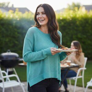 American Eagle Sweater ✦ Mint Green Open-Knit Pullover ✦ High-Low Hem M EUC